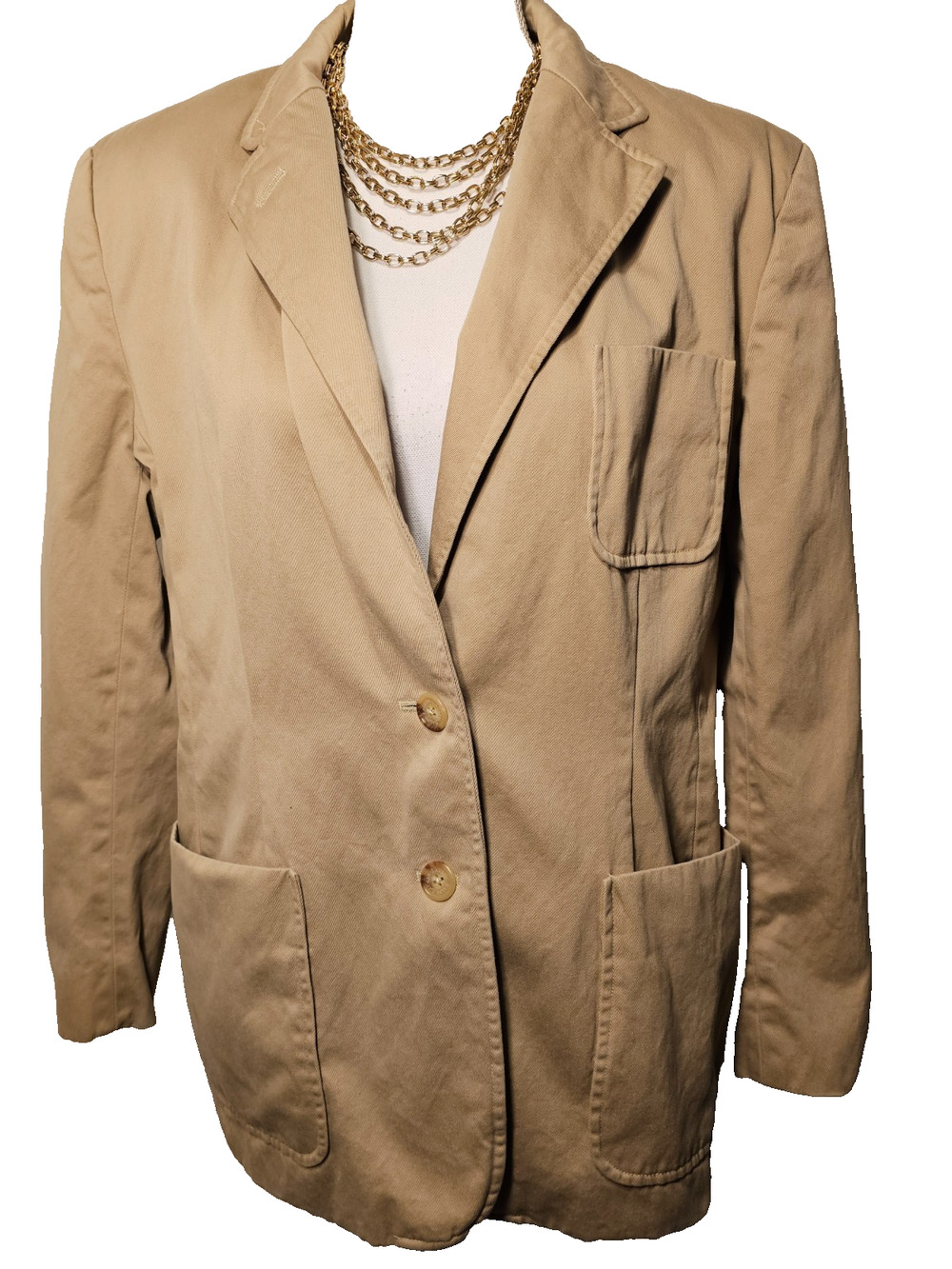 Lauren Ralph Lauren Womens Tan Denim Blazer Jacket Pockets Lined Size 16